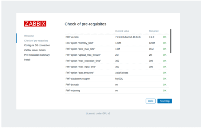 zabbix check of pre-requisites