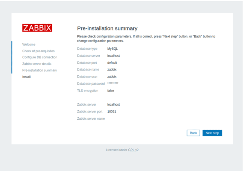 zabbix pre-installation summary