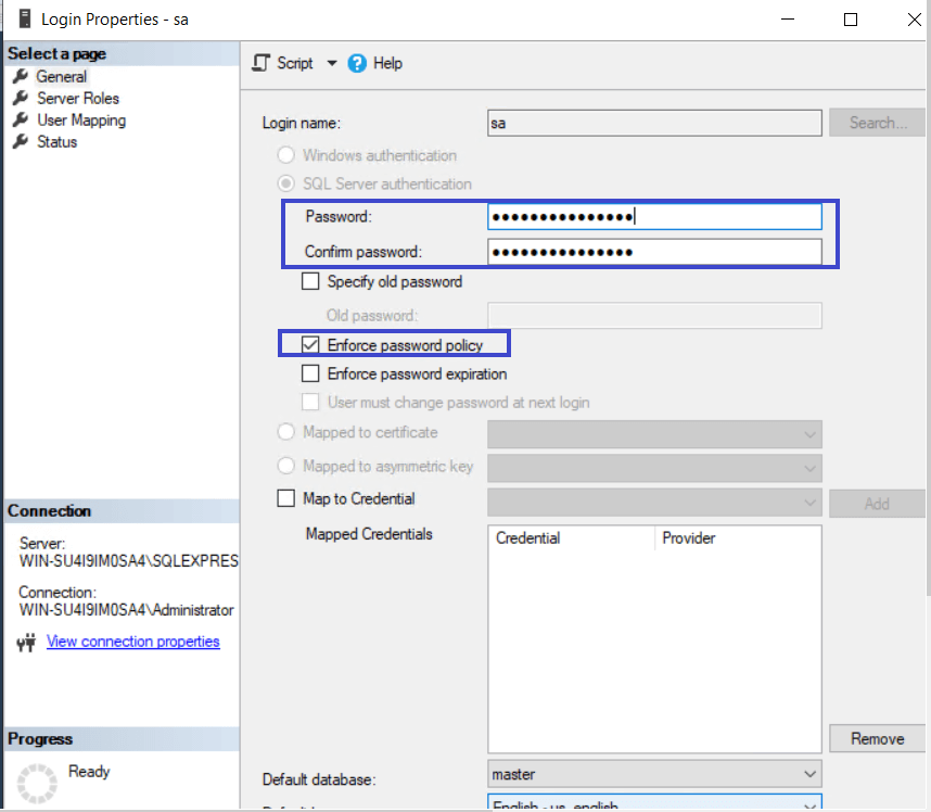 sa user default password sql server 2019